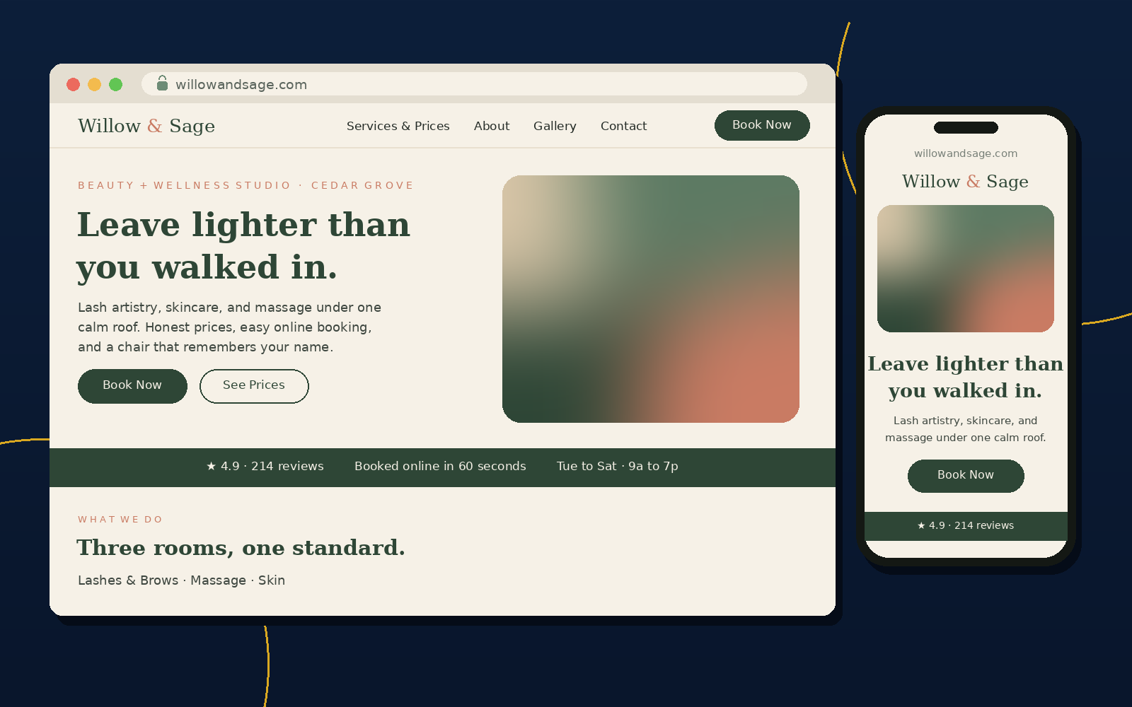 Sample website built with the guide, shown on desktop and phone